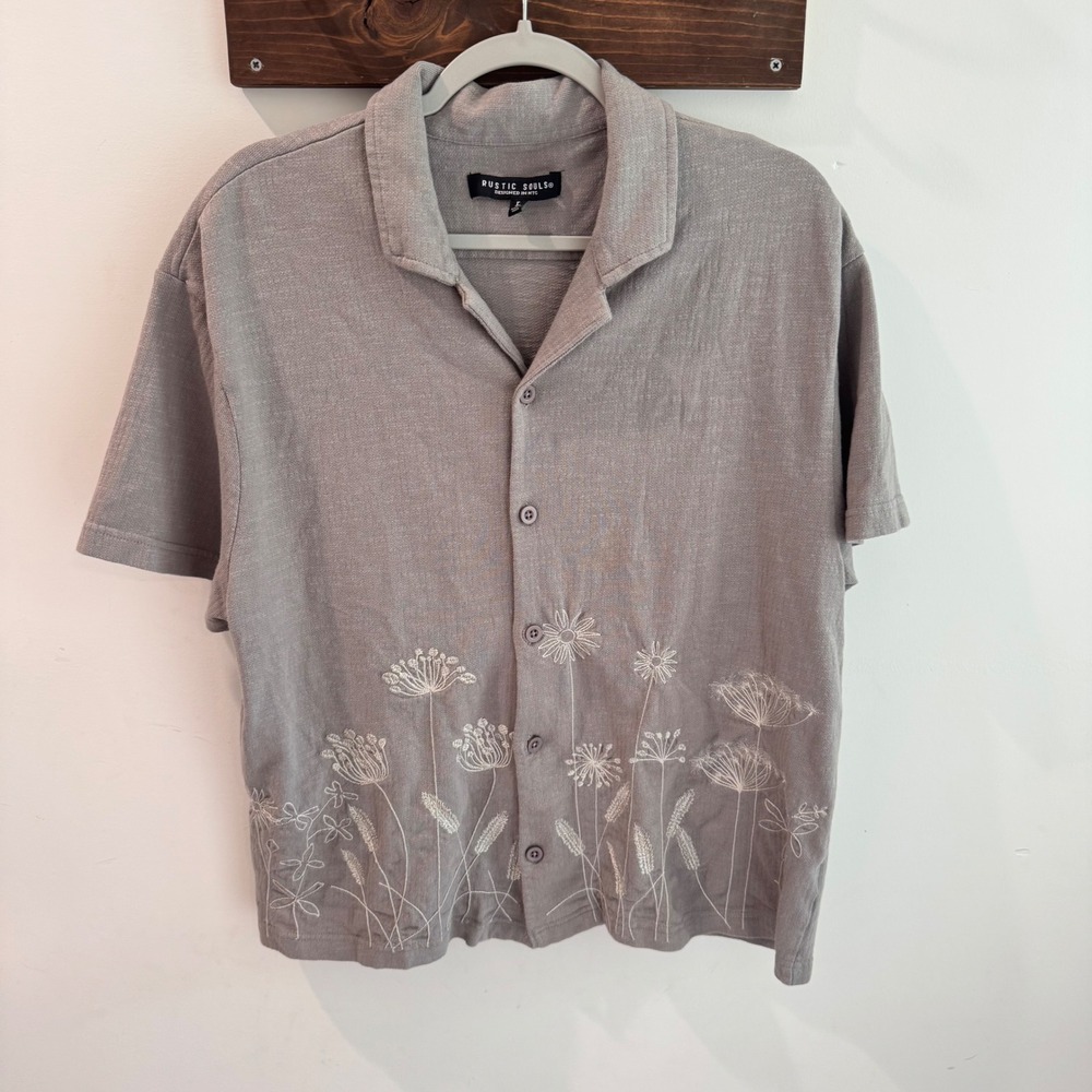Rustic Souls Mens Grey Embroidered Floral Cotton Short Sleeve Camp Shirt Large